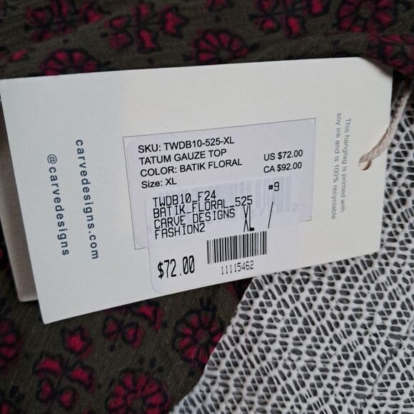 Carve Designs NWT Organic Cotton Tatum Guaze Top XL Batik  Floral Green Pink - Picture 3 of 6